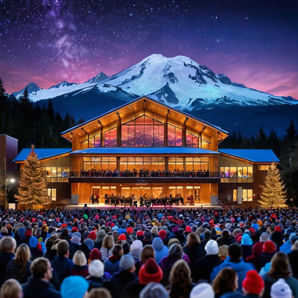 A breathtaking view of Mount Baker Performance Hall, illuminated with colorful lights and surrounded by a lively crowd. People of diverse backgrounds enjoying a captivating performance, expressive smiles on their faces, with snow-capped mountains in the background. The atmosphere is infused with magic and joy, featuring decorative elements like floating musical notes and whimsical sparkles in the air. super-realistic. vibrant colors.