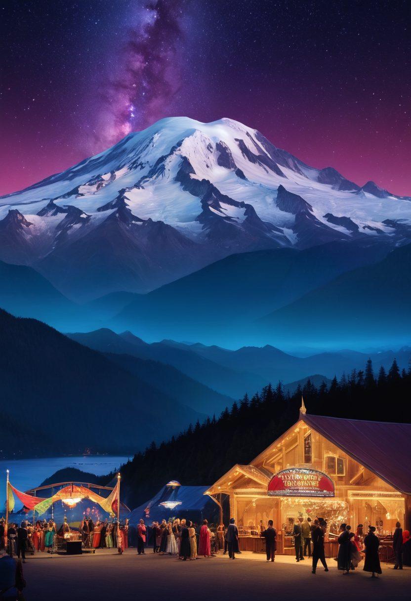 A vibrant montage showcasing dramatic arts and musical performances set against the picturesque backdrop of Mount Baker. Include a theater with actors in elaborate costumes taking center stage, surrounded by musical instruments and colorful banners. Add an audience captivated by the performances under a starry night sky, with Mount Baker looming majestically in the background. The scene should pulsate with energy and creativity, reflecting the diversity of entertainment offered. super-realistic. vibrant colors. night scene.