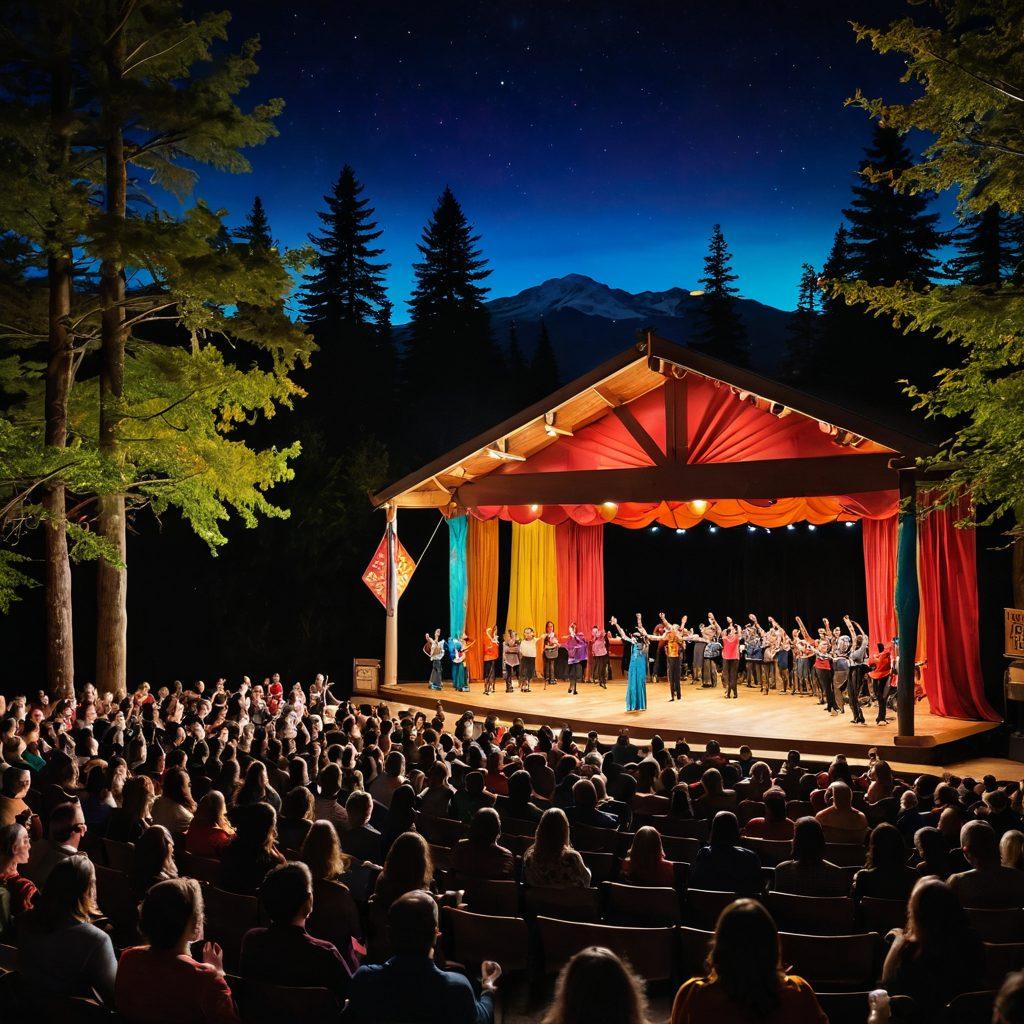A vibrant community theater scene at Mount Baker with a diverse group of enthusiastic performers on stage, surrounded by a lively audience clapping and cheering. The backdrop includes colorful stage props and banners celebrating local arts and culture, with warm lighting casting a magical glow. Elements of nature like mountain views and trees can be seen through the theater’s open doors, symbolizing the connection to the community. A sense of joy and creativity fills the air. super-realistic. vibrant colors. white background.